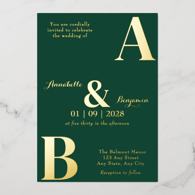 Invitation En Aluminium Élégant Mariage vert émeraude (Recto)