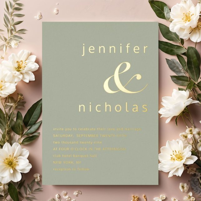 Invitation En Aluminium Élégant Mariage Vert Sauge Or Ampersand (Elegant Sage Green Wedding Gold Foil Invitation)