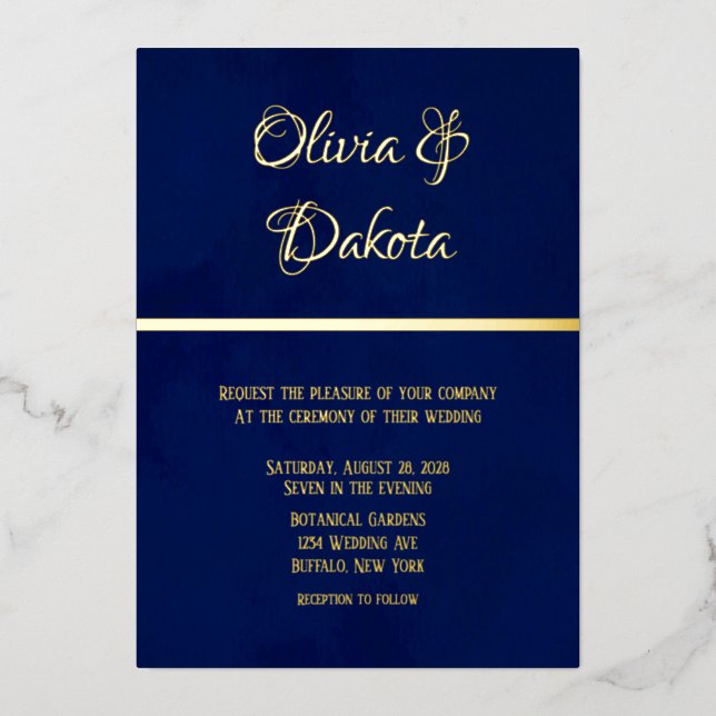 Invitation En Aluminium Elégant Marine Bleu Aquarelle Et Mariage Or (Recto)