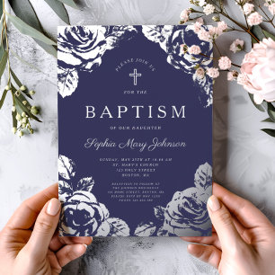 Invitation En Aluminium Elégant Marine Bleu Argent Floral Garçon Baptême