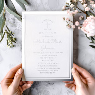 Invitation En Aluminium Élégant Marine Bleu Argent Script Baptême religieu