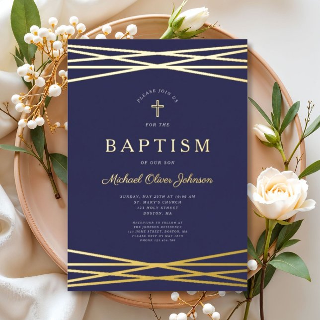 Invitation En Aluminium Elégant Marine Bleu Boy Baptism Or (Elegant Navy Blue Boy Baptism Gold Foil Invitation)
