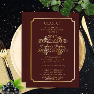 Invitation En Aluminium Élégant Maroon University Graduation Party Gold