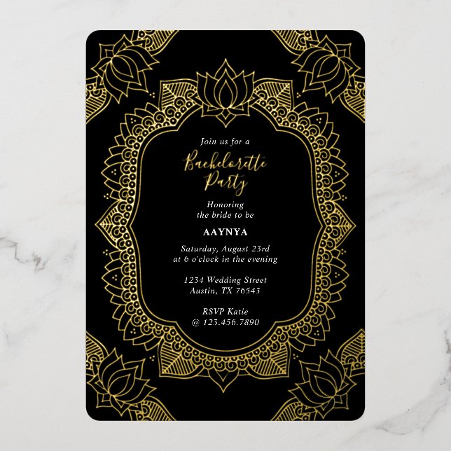 Invitation En Aluminium Élégant Mehndi Bachelorette Party Gold (Recto)