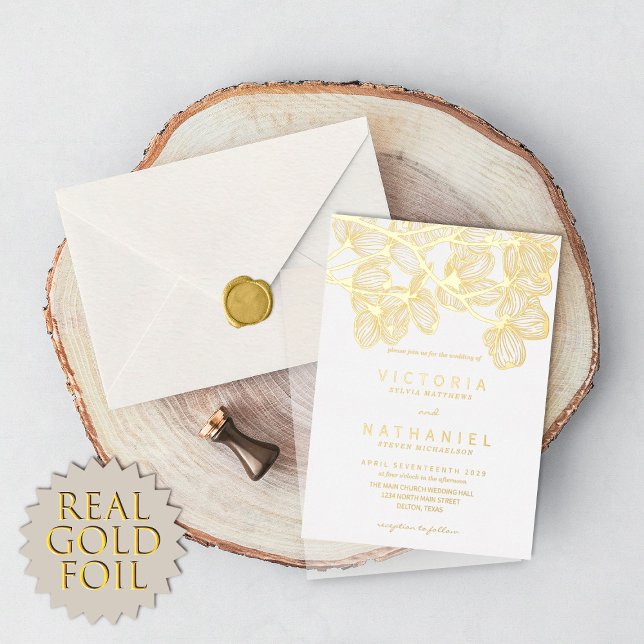 Invitation En Aluminium Élégant minimal Floral Mariage d'été Real Gold (Créateur téléchargé)