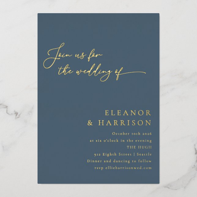 Invitation En Aluminium Élégant minimaliste moderne Mariage de script bleu (Recto)
