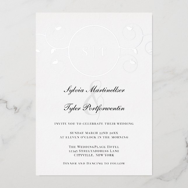 Invitation En Aluminium Élégant Monogram Mariage noir argent (Recto)