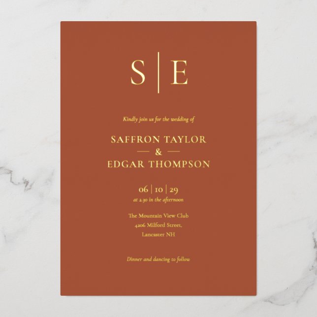 Invitation En Aluminium Élégant Monogram Terracotta Mariage Gold (Recto)