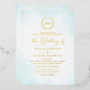 Invitation En Aluminium Élégant Monogramme Classique Turquoise Mariage Or