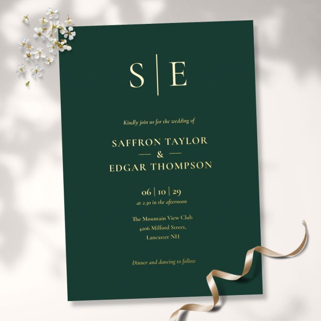 Invitation En Aluminium Élégant Monogramme Emerald Green Mariage Gold (Créateur téléchargé)
