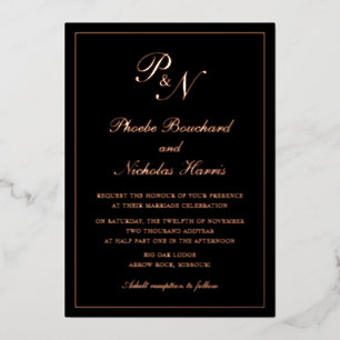 Invitation En Aluminium Élégant Monogramme Formal Mariage noir Rose Or