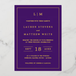Invitation En Aluminium Elégant Monogramme Joyau Tone Violet Mariage Or