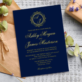 Invitation En Aluminium Elégant Monogramme Or Marine Mariage bleu