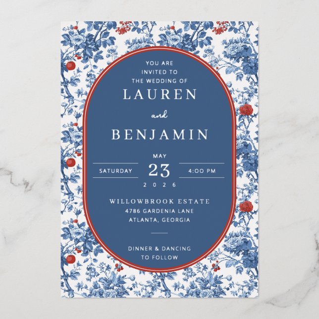 Invitation En Aluminium Elegant Navy Floral Border (Recto)