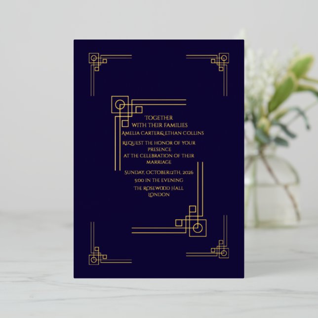 Invitation En Aluminium Elegant Navy& Gold Art Deco Personalized (Debout devant)