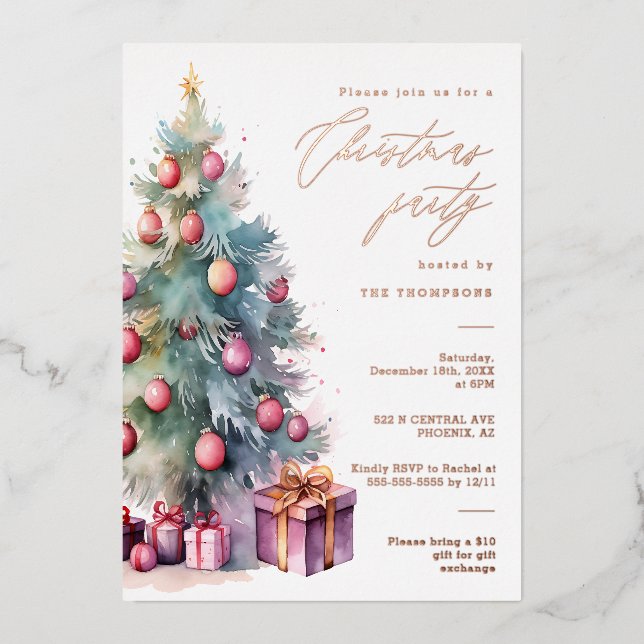 Invitation En Aluminium Élégant Noël Arbre de Fête Rose Gold (Recto)