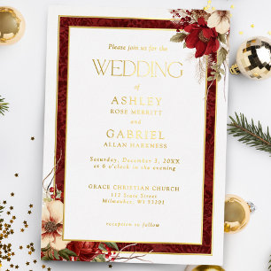 Invitation En Aluminium Élégant Noël Rouge Floral Damassé