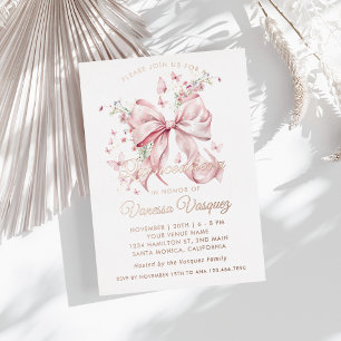 Invitation En Aluminium Élégant Nœud Rose Perles & Fleurs Sauvages Quincea