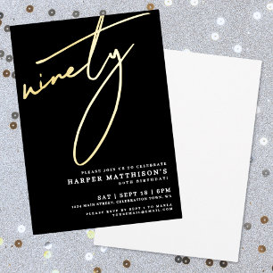 Invitation En Aluminium Elégant Noir Quatre-vingt-dix 90ème Anniversaire O