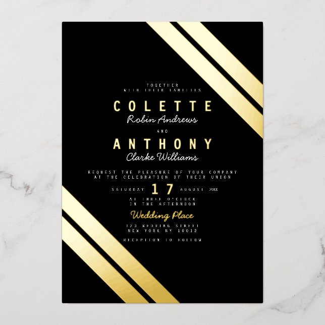 Invitation En Aluminium Élégant noir réel or moderne rayures mariage (Recto)