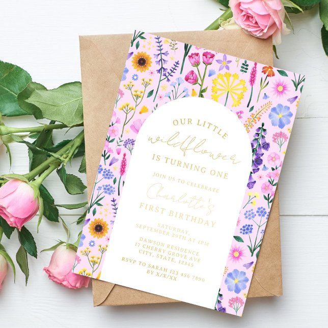 Invitation En Aluminium Élégant Notre Petite Filles Fleurs sauvages Premie (Spring Wildflower Girl's Birthday Foil Invitation)