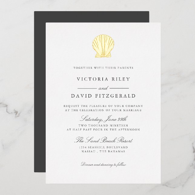 Invitation En Aluminium Elégant Ocean Beach SEASHELL MARIAGE GOLD Foil I (Recto/Verso)