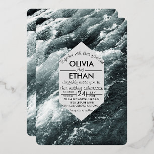 Invitation En Aluminium Elégant Océan noir et blanc Vagues Mariage