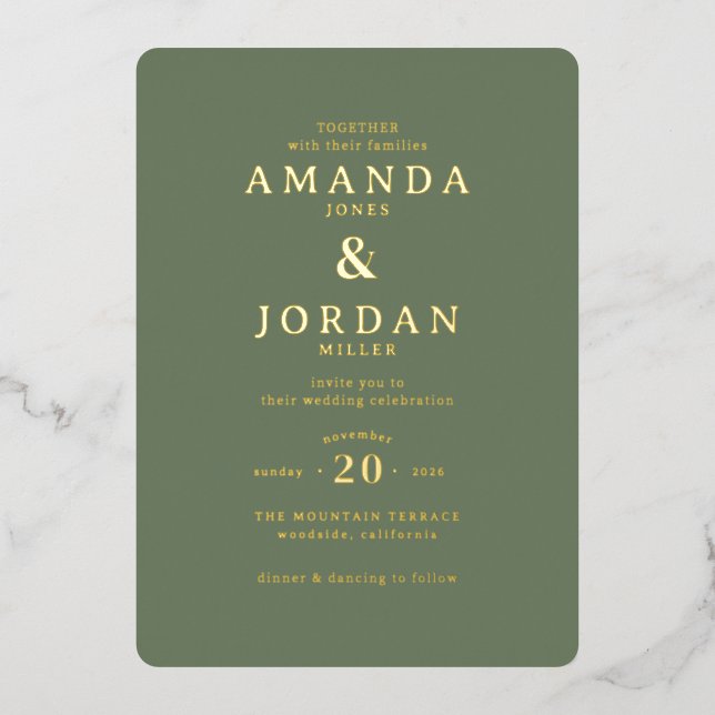 Invitation En Aluminium Elegant Olive Green Calligraphy (Recto)