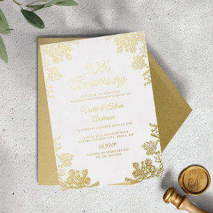 Invitation En Aluminium Élégant Or Blanc Floral 50e Anniversaire de Mariag