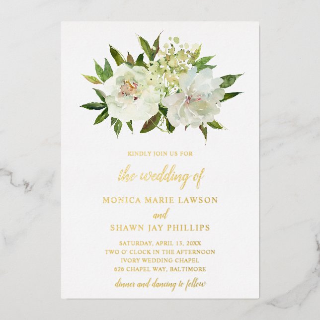 Invitation En Aluminium Élégant or blanc Floral Mariage moderne (Recto)
