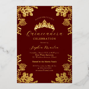 Invitation En Aluminium Elégant or Bourgogne Vintage Quinceanera