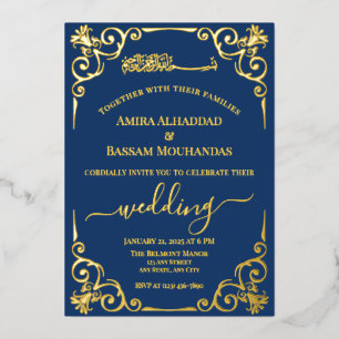 Invitation En Aluminium Elégant or et Mariage bleu foncé