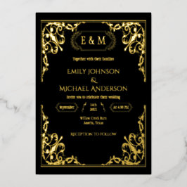 Invitation En Aluminium Élégant or Foil Ornate Monogramme Mariage noir