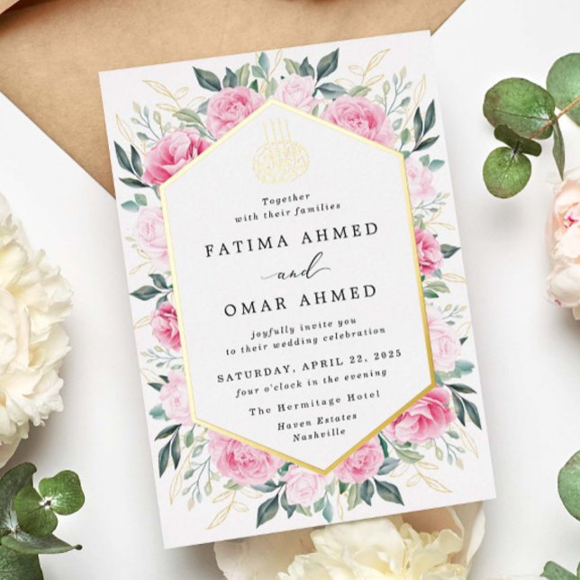 Invitation En Aluminium Élégant or rose floral islamique Mariage musulman (Créateur téléchargé)