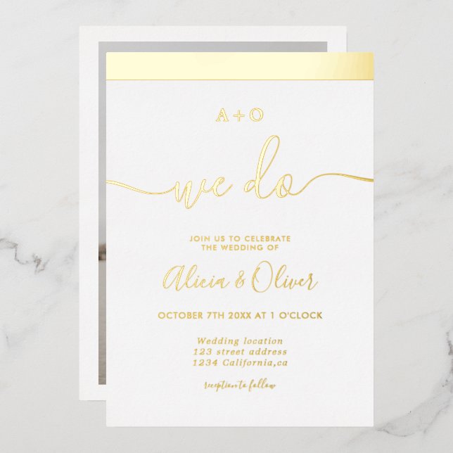 Invitation En Aluminium Élégant or stripe initiales blanc mariage photo (Recto/Verso)