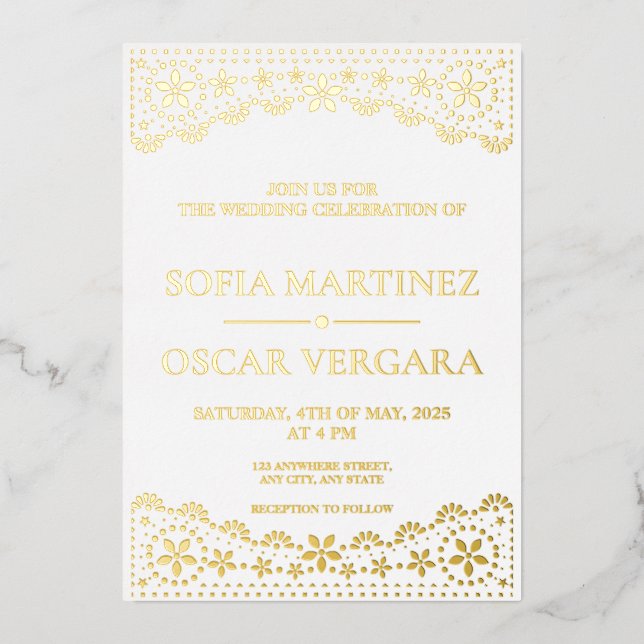 Invitation En Aluminium Elégant Papel Picado Mariage blanc et or (Recto)