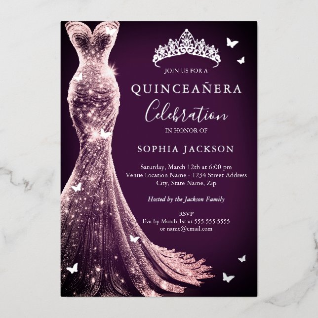 Invitation En Aluminium Élégant Papillon argenté rose pourpre Quinceanera (Recto)