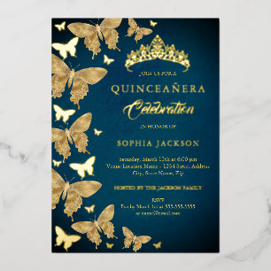 Invitation En Aluminium Élégant Papillon Bleu et Or Quinceanera