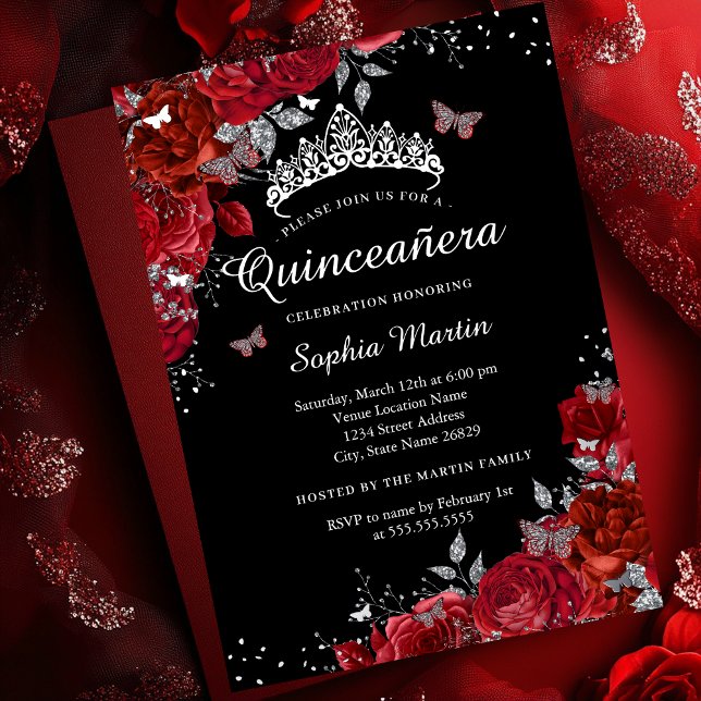 Invitation En Aluminium Élégant Papillon Floral Rouge Noir Quinceanera (Créateur téléchargé)