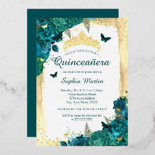Invitation En Aluminium Elégant papillon floral Turquoise Quinceanera or