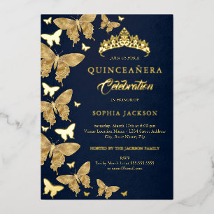 Invitation En Aluminium Élégant Papillon Navy Or Quinceanera