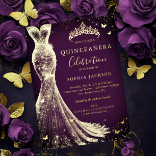Invitation En Aluminium Elégant Papillon Pailleté Or Violet Quinceanera