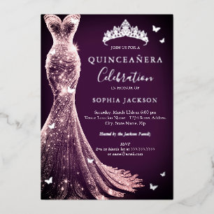Invitation En Aluminium Elégant Papillon Rose Violet Argent Quinceanera