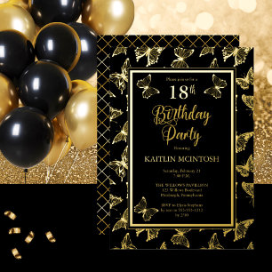 Invitation En Aluminium Élégant papillons 18e anniversaire fête Black Gold