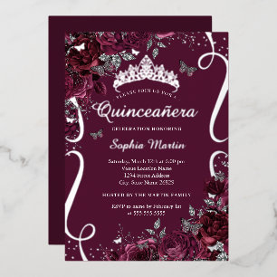 Invitation En Aluminium Élégant Parchemin Floral Quinceanera Bordeaux