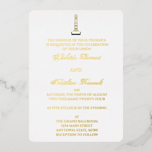 Invitation En Aluminium Elégant phare Mariage nautique - bleu marine, (Recto)