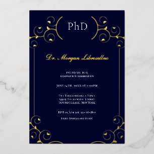 Invitation En Aluminium Élégant PhD Gold White Blue Graduation Party