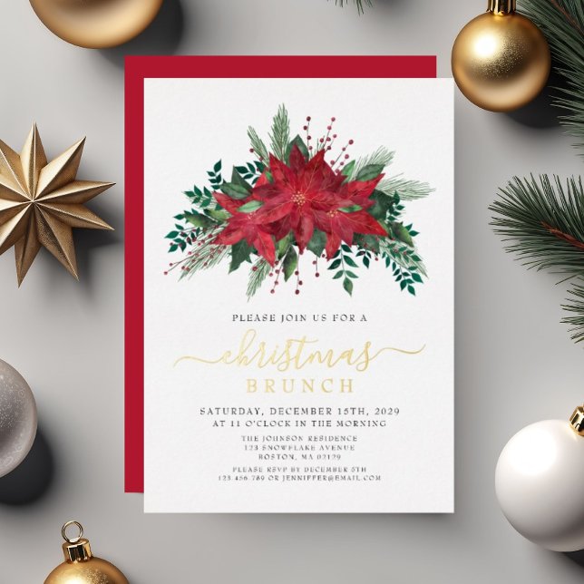 Invitation En Aluminium Élégant Poinsettia Rouge Floral Brunch de Noël (Elegant Red Poinsettia Floral Christmas Brunch Foil Invitation)