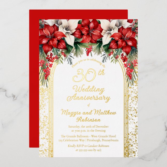 Invitation En Aluminium Elégant Poinsettias 30e anniversaire de Mariage (Recto/Verso)