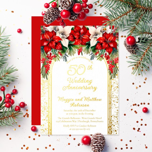 Invitation En Aluminium Elégant Poinsettias 50e anniversaire de Mariage (Elegant Red and White Poinsettias Holiday "50th Wedding Anniversary" Party Gold Foil Invitation)
